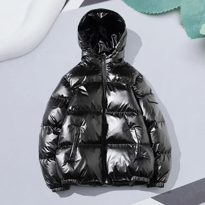 Hooded Winter Coat Men's High Gloss Quilted Cotton Coat with Hood Pockets Loose Fit Warm Short Outerwear for Winter
