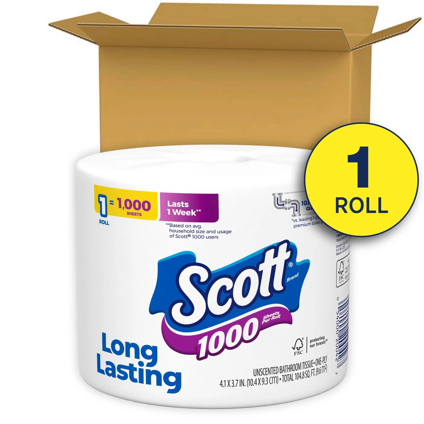 1000 Toilet Paper, 1 Roll, 1,000 Sheets per Roll