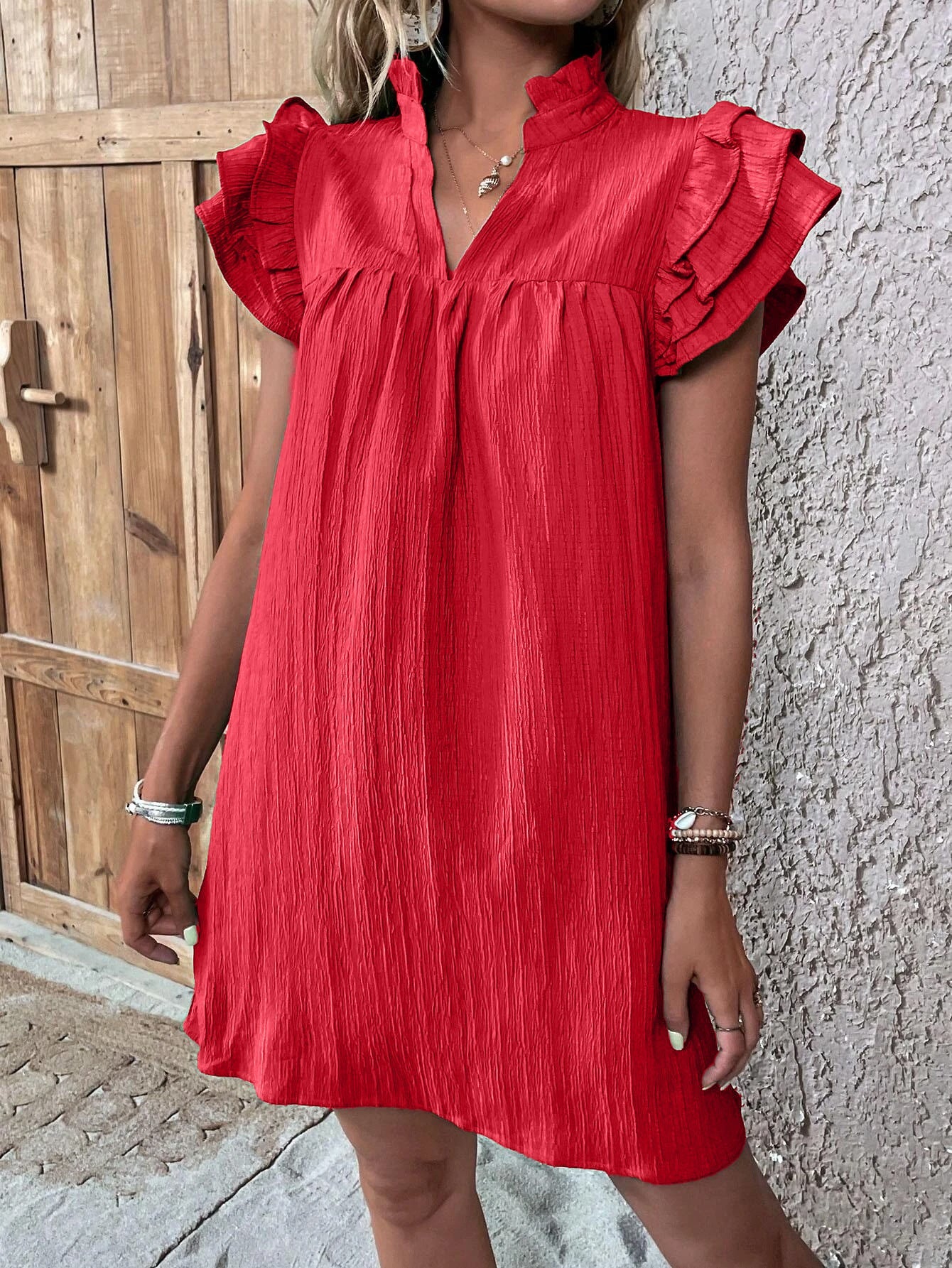 Casual Women's Multi-layer Ruffle Sleeve V-neck Dress Summer Fashion Versatile Multi-layer Lotus Leaf Sleeve V-Neck Pullover Dresses