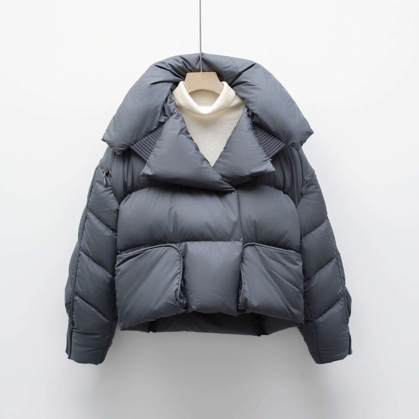 Korean-style Knitted Patchwork Large Lapel Short Down Jacket For Women