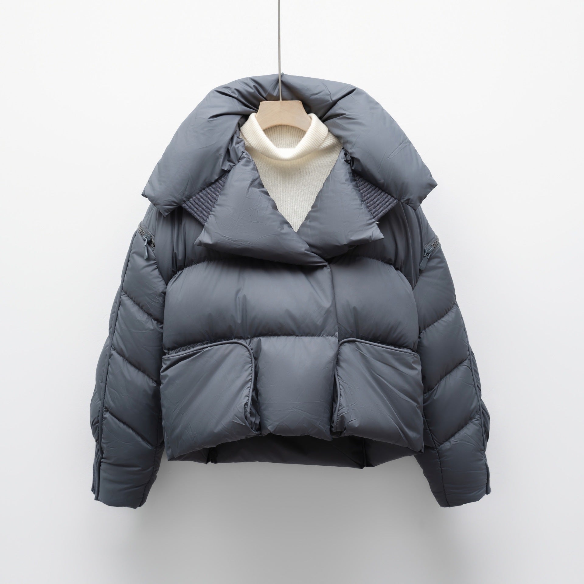 Korean-style Knitted Patchwork Large Lapel Short Down Jacket For Women