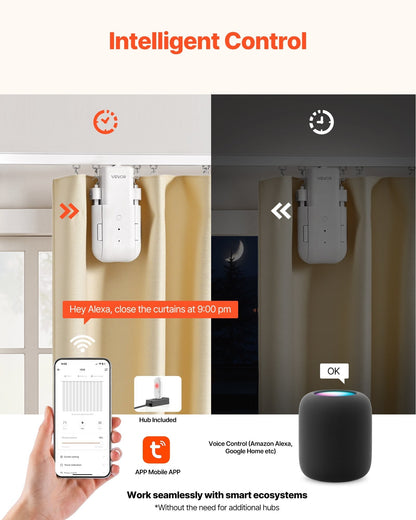 Automatic Curtain Opener, APP And Remote Control, Hub Included, Electric Smart Curtain Opener Compatible With Alexa And Google Home, Timed Opening And Closing, For U - shaped/I - shaped Rails - Glemish Aura