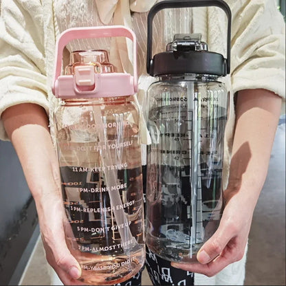 2L Sports Water Bottle with Straw Portable Large Capacity Water Bottles Fitness Bike Cup Summer Cold Water Jug with Time Marker