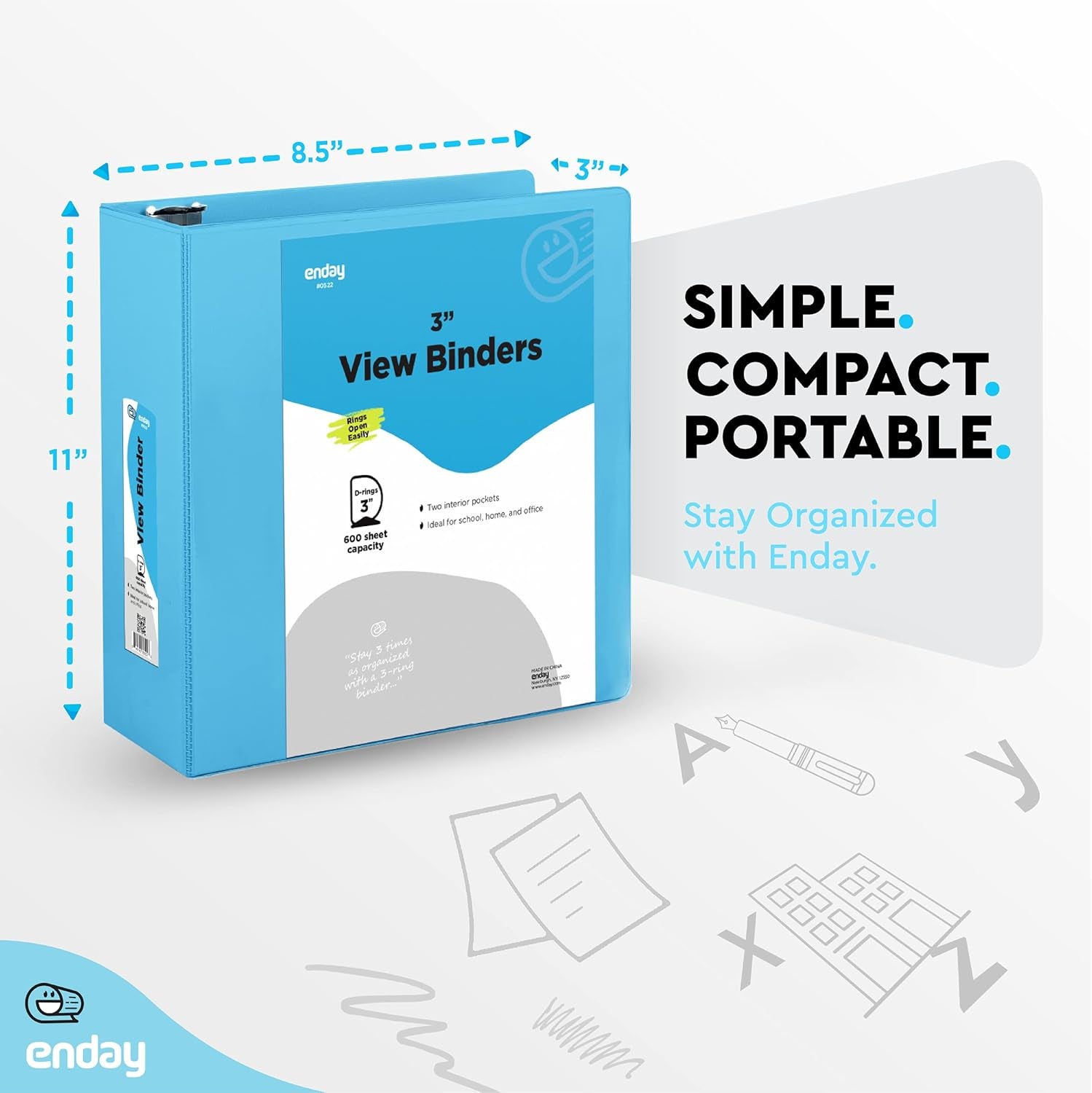 3 Inch Binder 3 Ring Binders Blue, Slant D-Ring 3” Clear View Cover with 2 inside Pockets, Heavy Duty Colored School Supplies Office and Home Binders – by