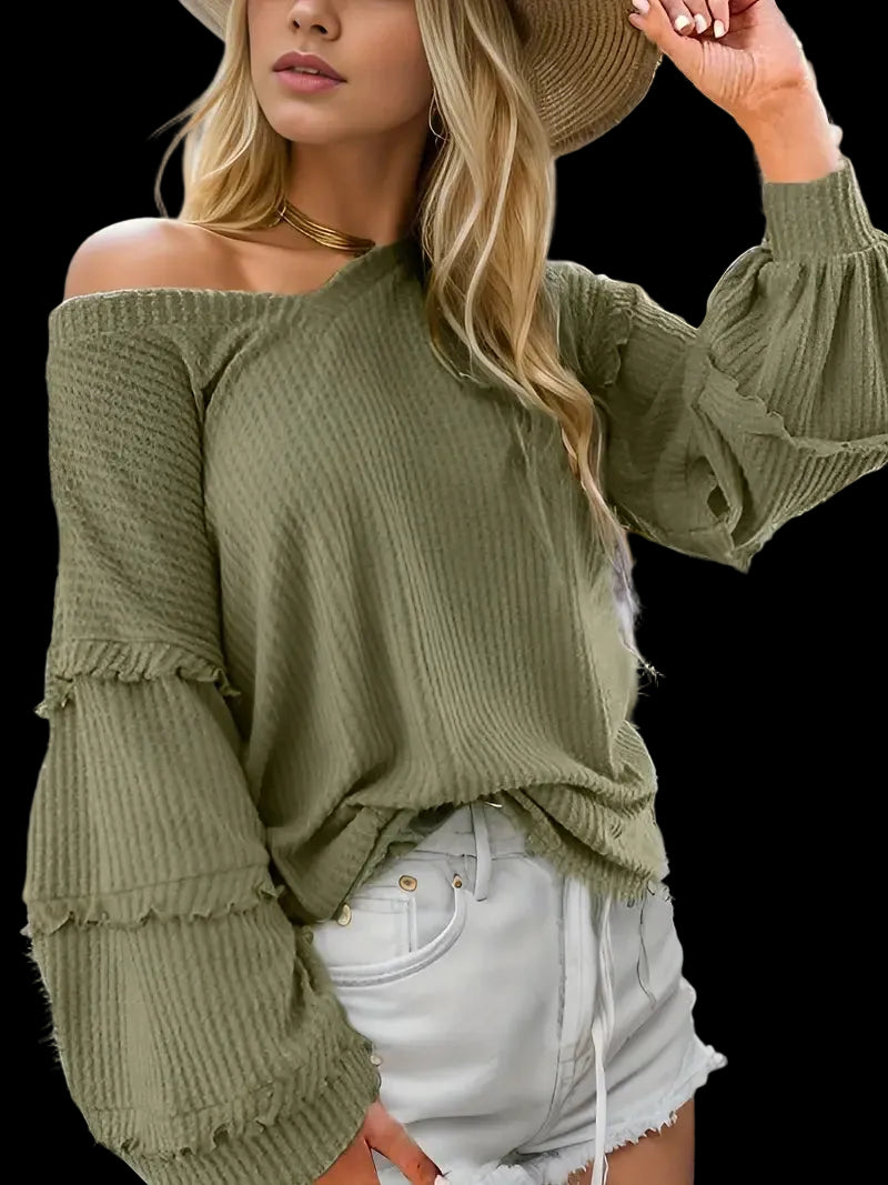 Women's Long-sleeve Shirt Off-shoulder Loose Ruffled Shirt Waffle