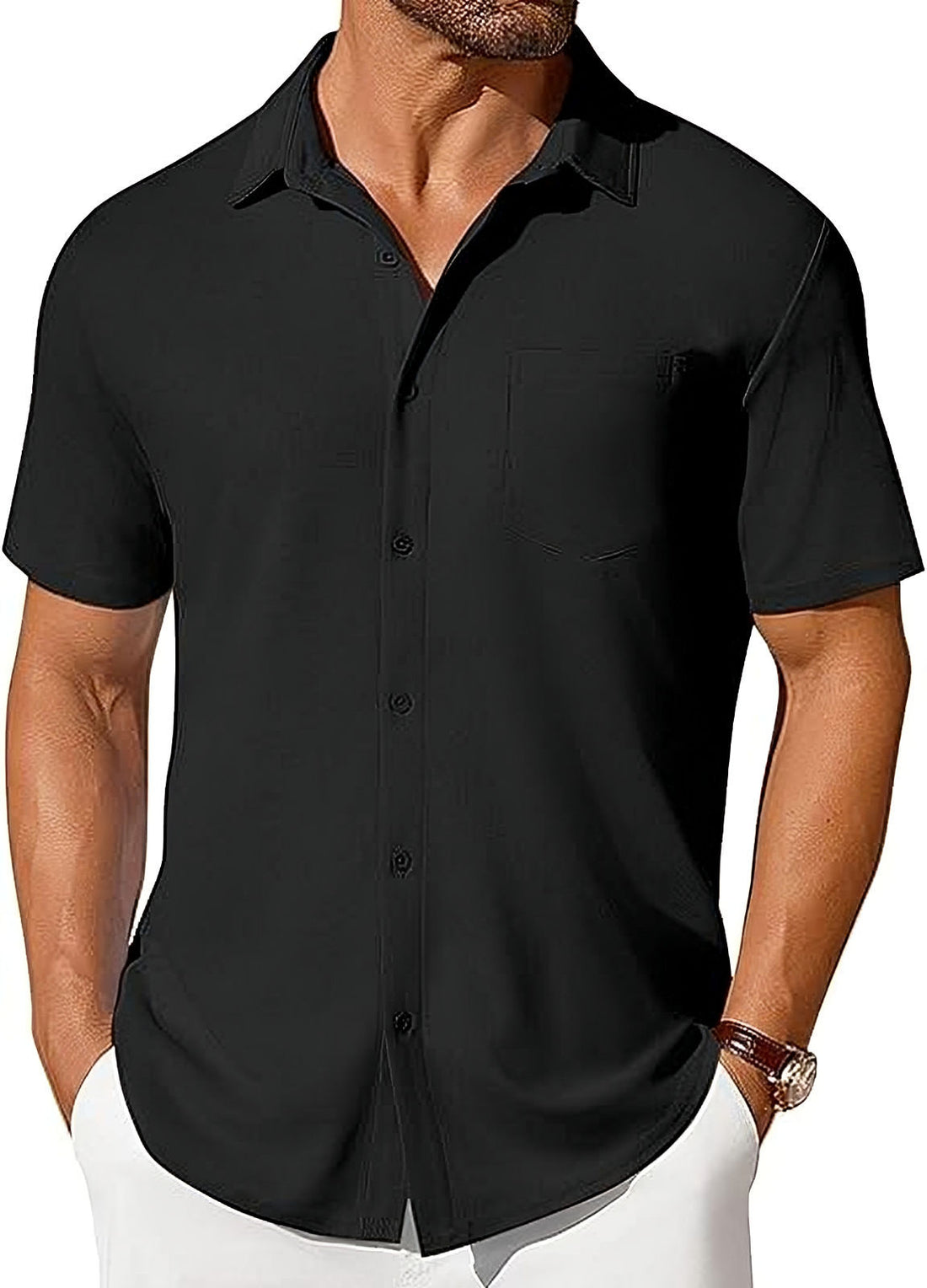 Mens Short-sleeve Button-up Wrinkle- And Crease-resistant Shirt
