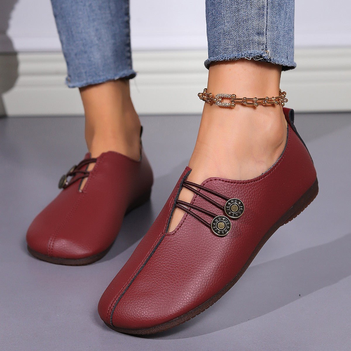 Casual Square Toe Flats Shoes Fashion Slip - on Button Loafers Women Shoes - Glemish Aura