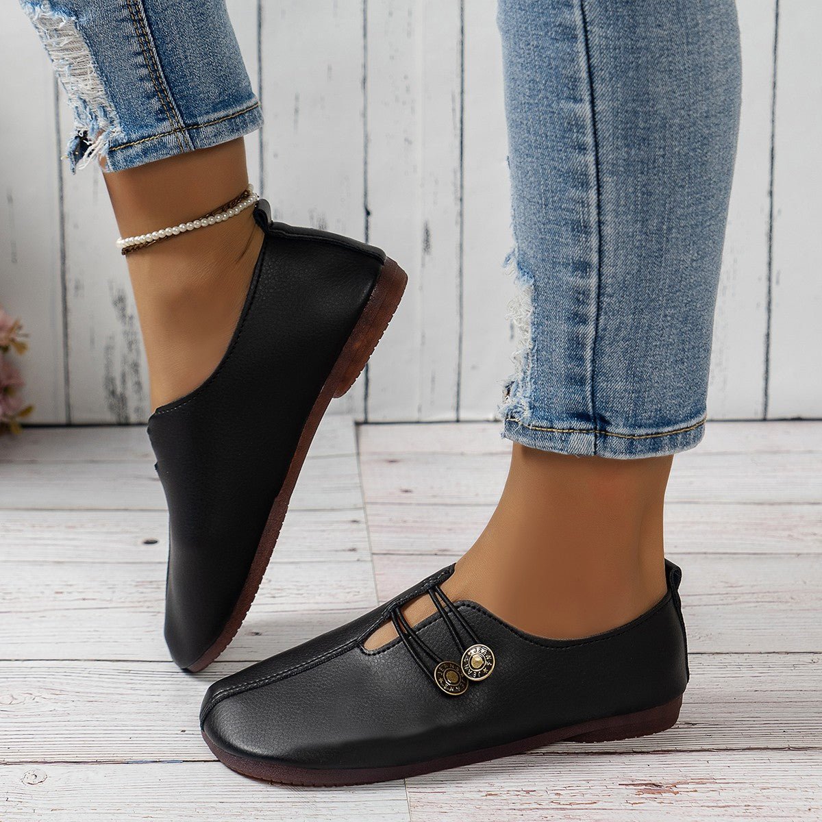 Casual Square Toe Flats Shoes Fashion Slip - on Button Loafers Women Shoes - Glemish Aura