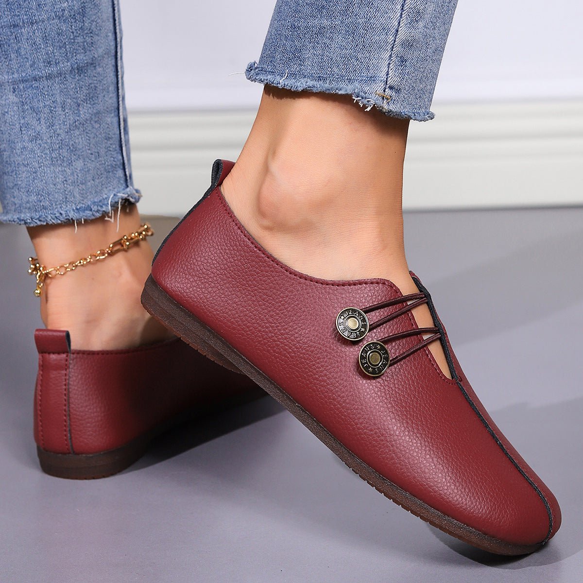 Casual Square Toe Flats Shoes Fashion Slip - on Button Loafers Women Shoes - Glemish Aura