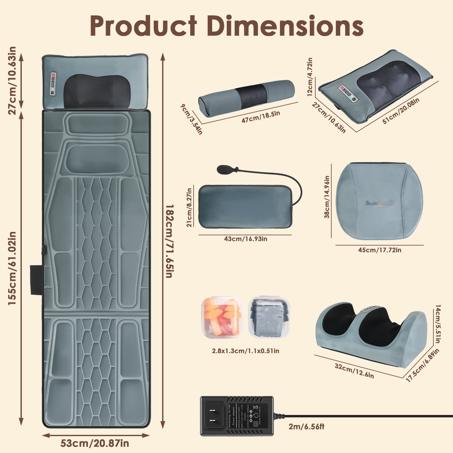 Flannel Full Body Massage Mat Multifunctional Massage Chair Pad With Heat Timer Shiatsu Neck Foot Massager Lumbar Pillow Carry Bag Earplugs Anti-Slip Bottom For Reclining Chair