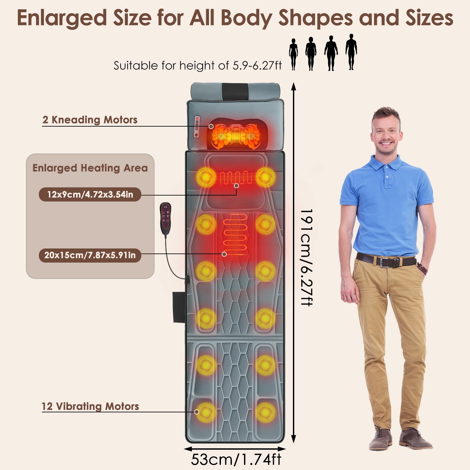 Flannel Full Body Massage Mat Multifunctional Massage Chair Pad With Heat Timer Shiatsu Neck Foot Massager Lumbar Pillow Carry Bag Earplugs Anti-Slip Bottom For Reclining Chair