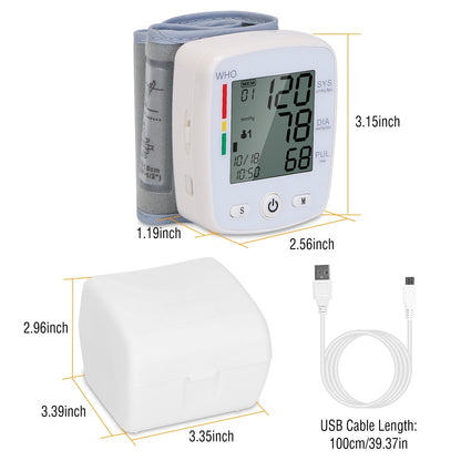 1Pc Blood Pressure Monitor Wrist Digital High Blood Pressure Cuff Heartbeat Tester With 90x2 Reading Memory 2In LCD Screen Storage Box