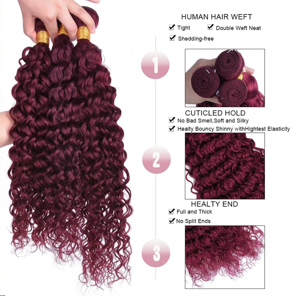 30 Inch Vinmdonm Wine Red Bundles 99J Water Wave Human Hair Bundles Burgundy Water Wave Bundles Brazilian 99J Red Bundles Human Hair Unprocessed Virgin Hair 1 Bundle Hair Weave