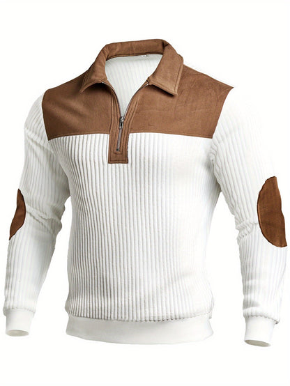 Men'S Casual Collared Zip-Up Pullover | Color-Block Design, Thick Warm, Long Sleeve, Suitable for Daily Fashion and Commuting - ROYALBOY