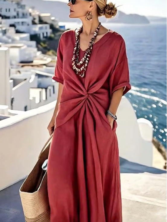 Summer Striped Print Dress Casual Beach Vacation Short-sleeved Maxi Dress Womens Clothing