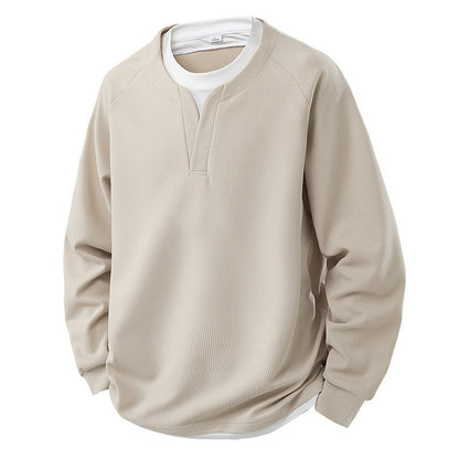 Contrast Colors False-two-piece Trendy V-neck Waffle Sweater Casual All-matching Tops