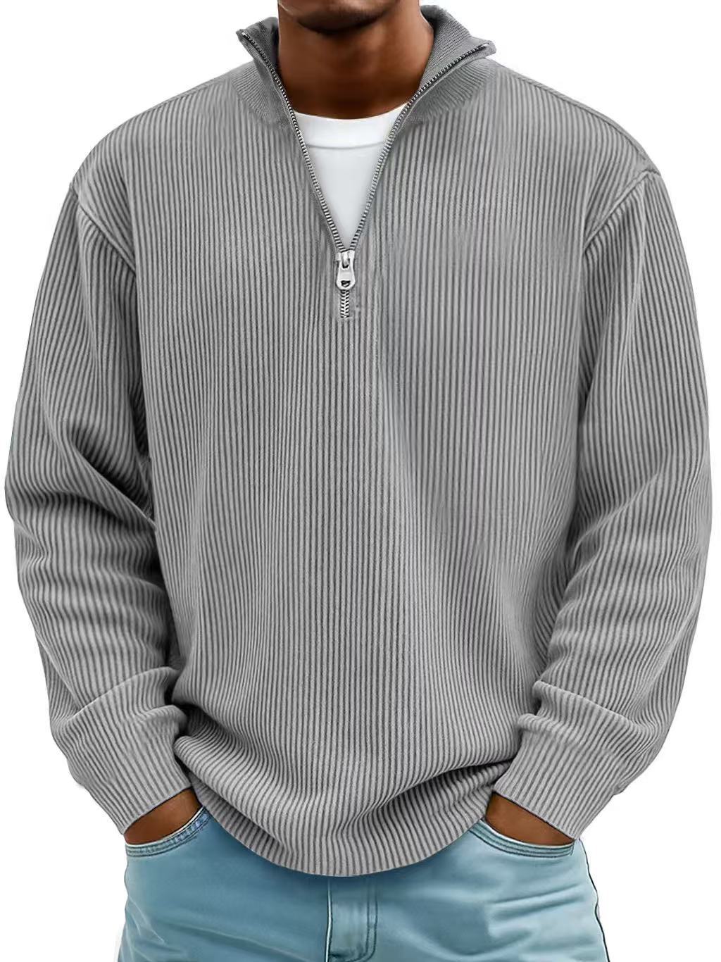 Corduroy Zipper Stand Collar Sweatshirt Fashion Warm Solid Color Long Sleeve Top Men's Casual Polo Shirt Clothing