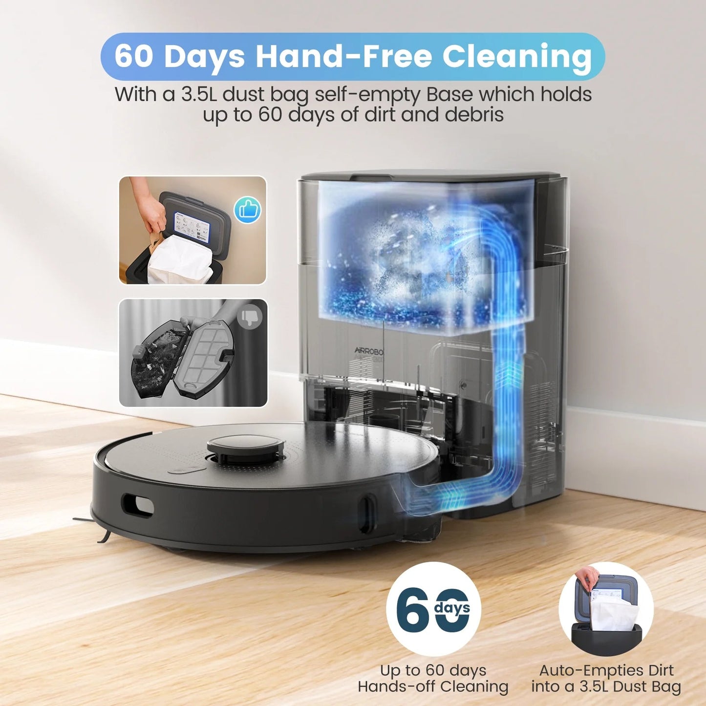 AIRROBO Robot Vacuum Cleaner and Mop Combo L40+, 60 Days Self-Empty Bin, 180 Min Runtime, APP and Voice Control