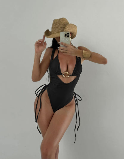 Sexy Two Piece Solid Color Swimsuit Women Bikini Metal Accessories Swimsuit - Glemish Aura