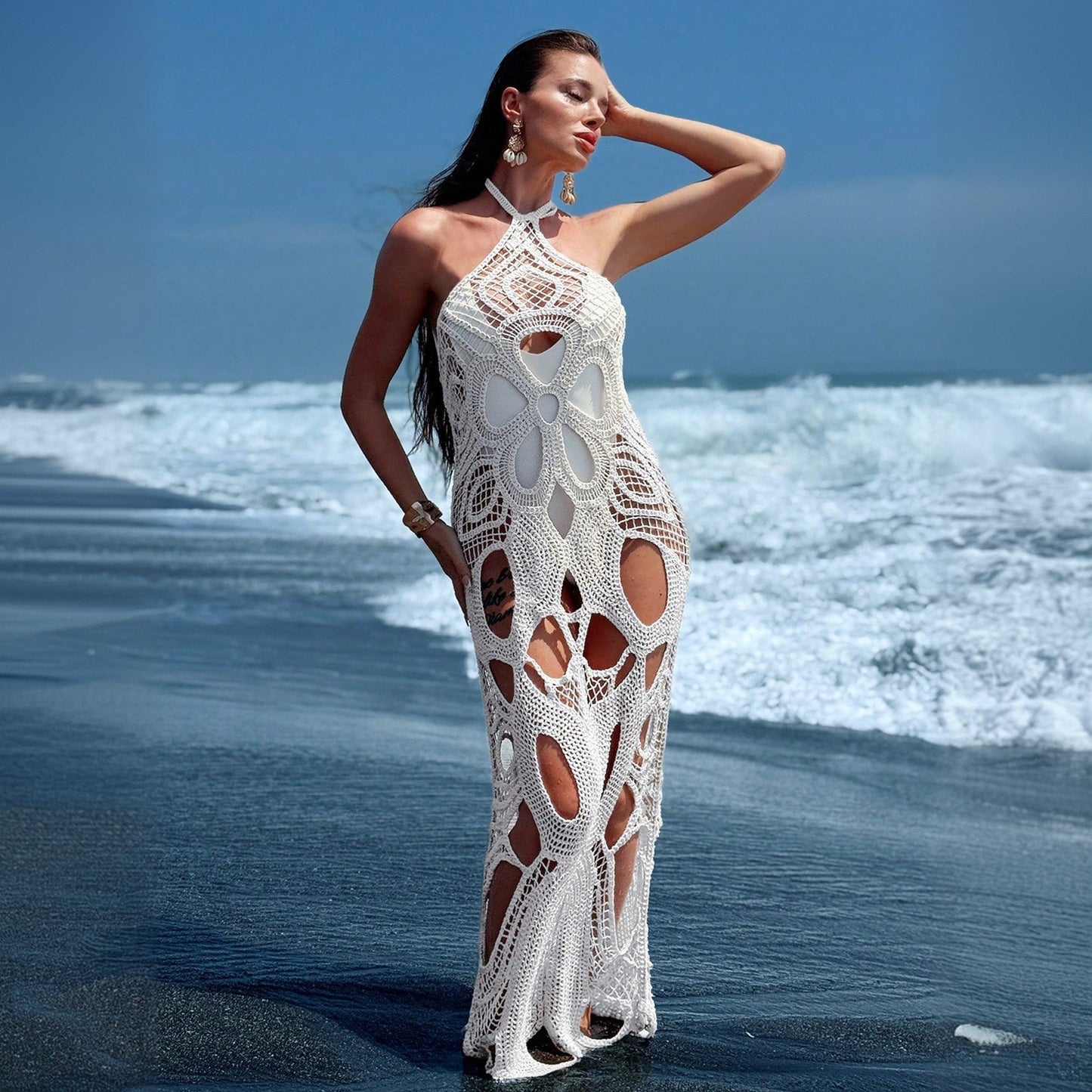 Solid Color Sexy Cutout Halter Beach Cover up Bikini Swimsuit Beach Dress Women - Glemish Aura