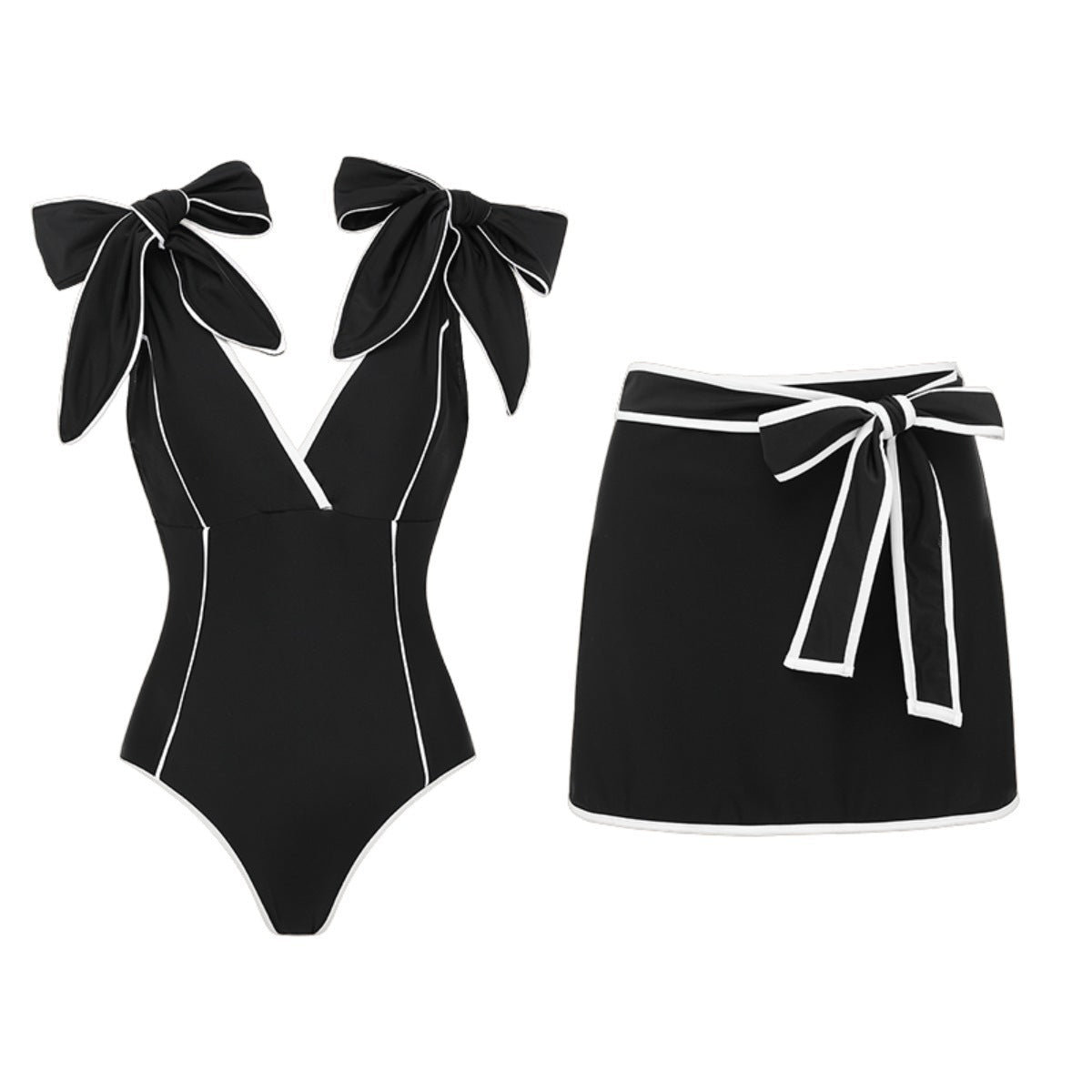 Swimsuit Black White Color Matching Sweet Girl Bow Swimsuit Women White Skirt - Glemish Aura