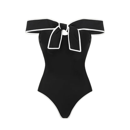 Swimsuit Black White Color Matching Sweet Girl Bow Swimsuit Women White Skirt - Glemish Aura