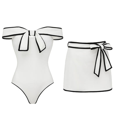 Swimsuit Black White Color Matching Sweet Girl Bow Swimsuit Women White Skirt - Glemish Aura