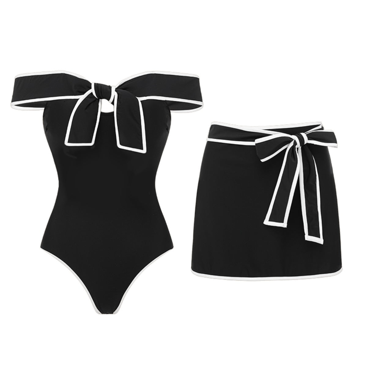 Swimsuit Black White Color Matching Sweet Girl Bow Swimsuit Women White Skirt - Glemish Aura