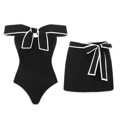 Swimsuit Black White Color Matching Sweet Girl Bow Swimsuit Women White Skirt - Glemish Aura