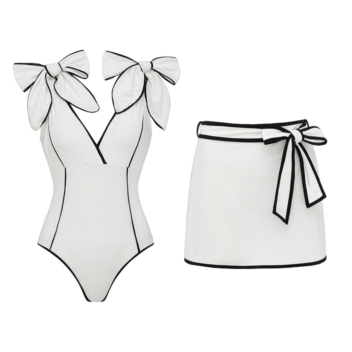 Swimsuit Black White Color Matching Sweet Girl Bow Swimsuit Women White Skirt - Glemish Aura