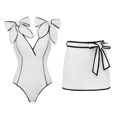 Swimsuit Black White Color Matching Sweet Girl Bow Swimsuit Women White Skirt - Glemish Aura