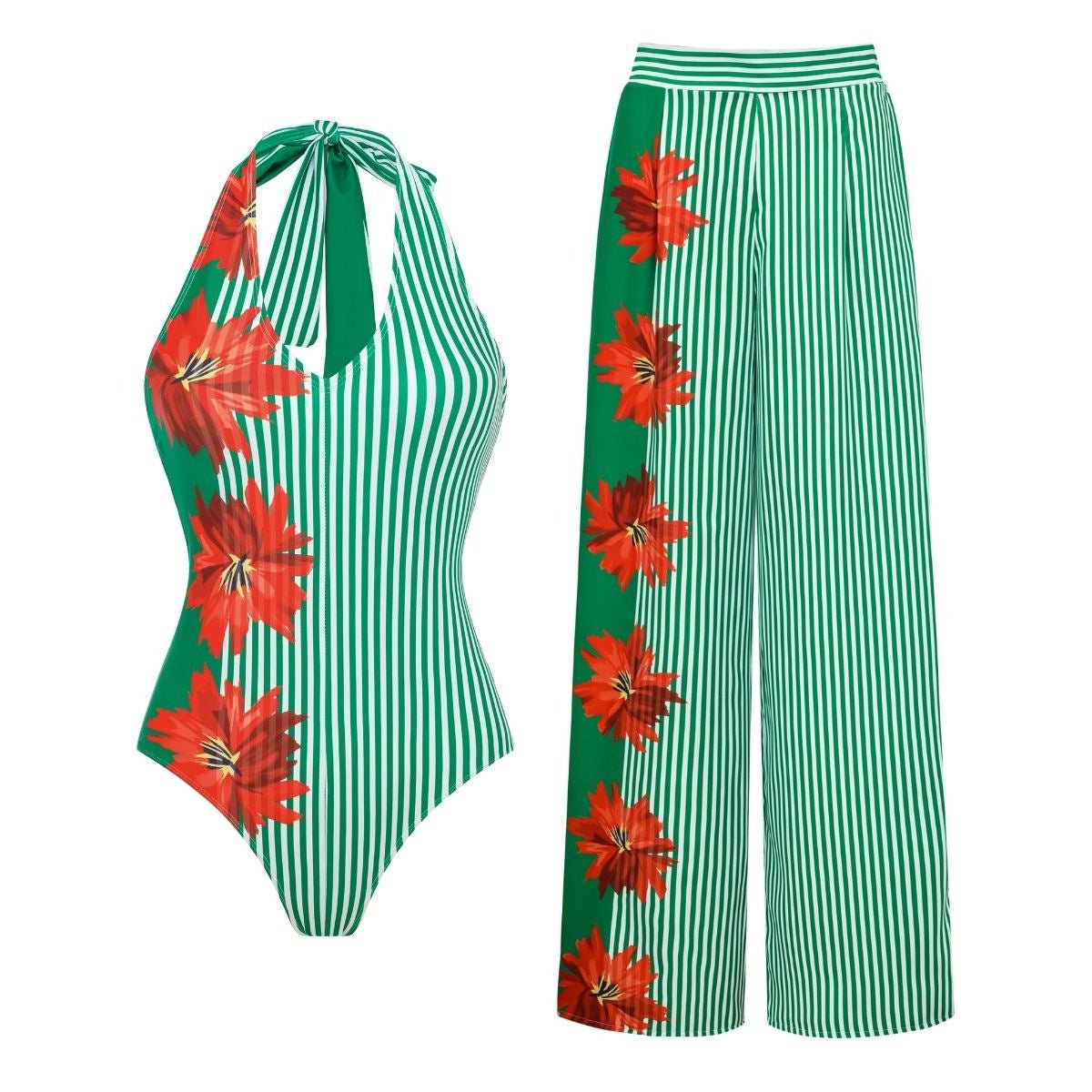 Swimsuit Green Striped Floral Stitching Swimsuit Women Tube Top Swimsuit - Glemish Aura