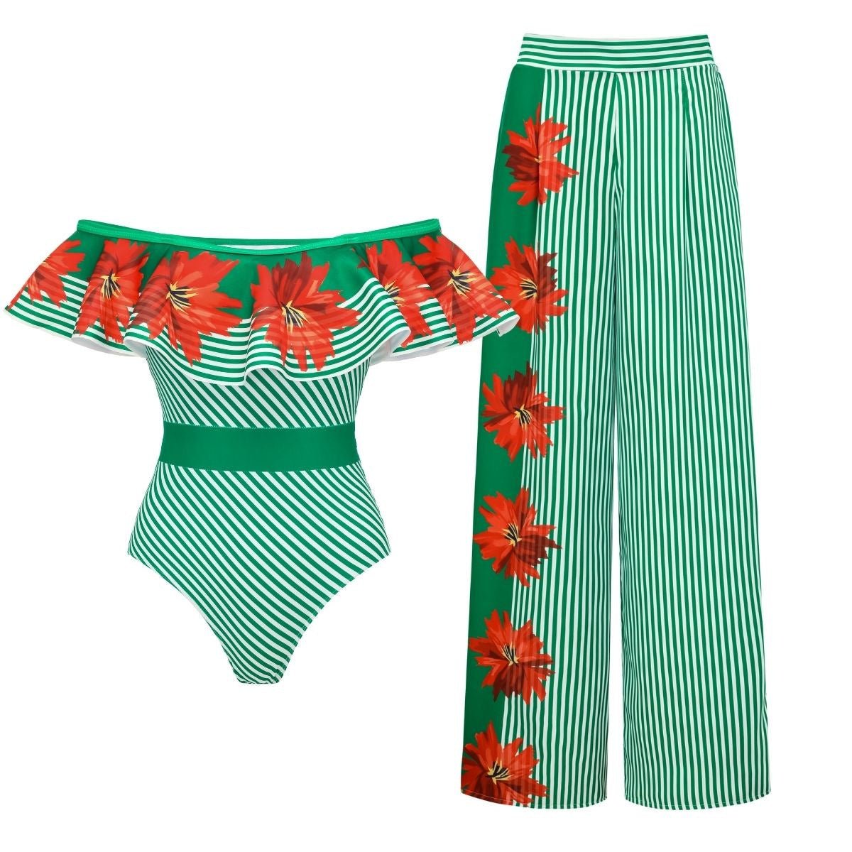 Swimsuit Green Striped Floral Stitching Swimsuit Women Tube Top Swimsuit - Glemish Aura
