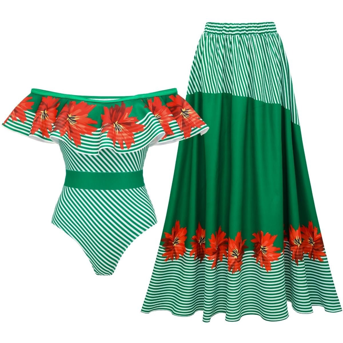 Swimsuit Green Striped Floral Stitching Swimsuit Women Tube Top Swimsuit - Glemish Aura