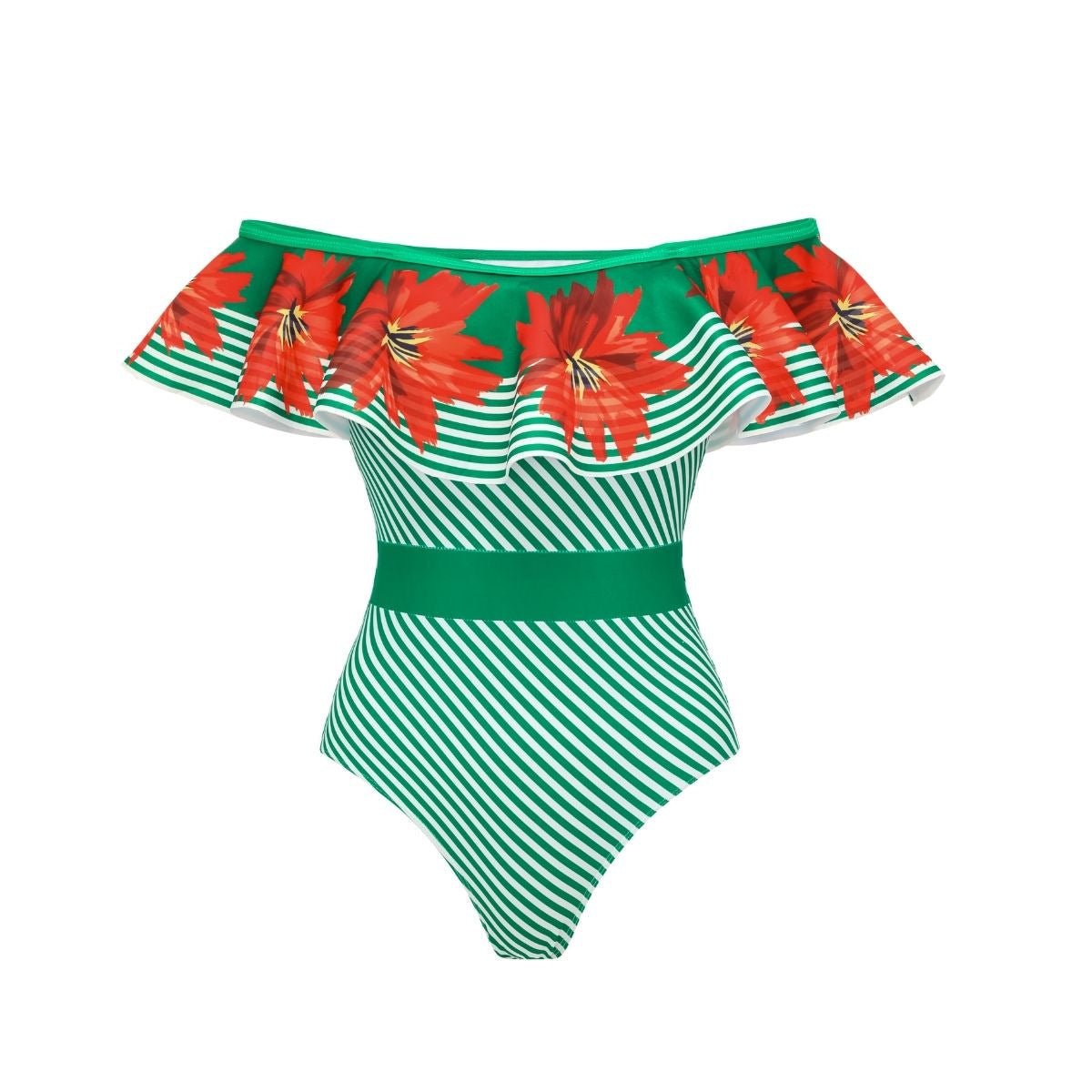 Swimsuit Green Striped Floral Stitching Swimsuit Women Tube Top Swimsuit - Glemish Aura