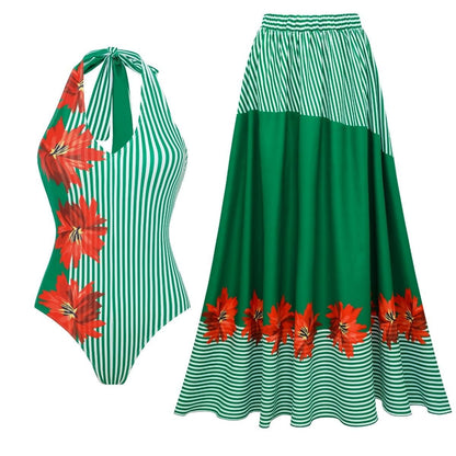 Swimsuit Green Striped Floral Stitching Swimsuit Women Tube Top Swimsuit - Glemish Aura